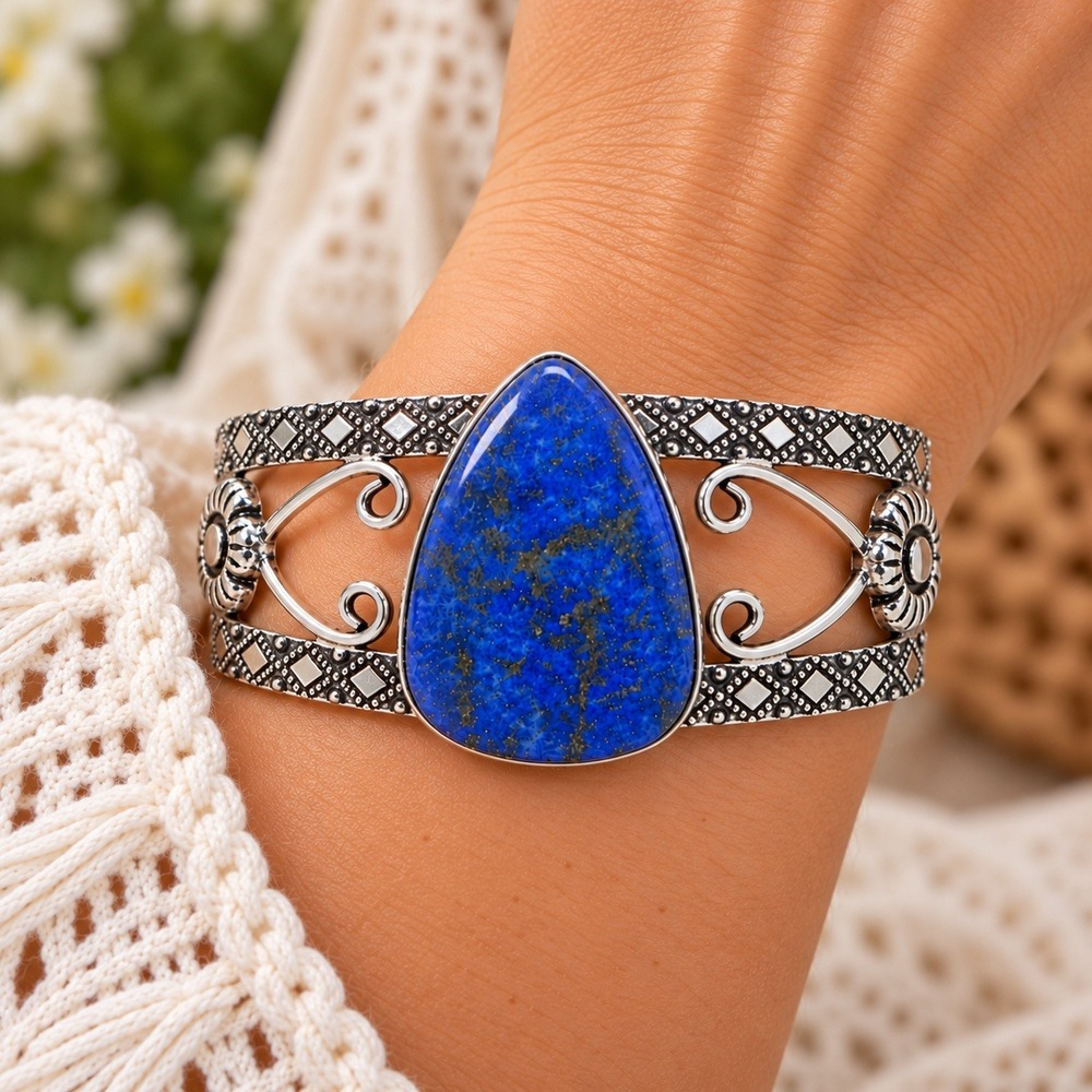 Lapis Lazuli Handmade Teardrop Cuff Bracelet Silver Tone Boho Floral Scroll New